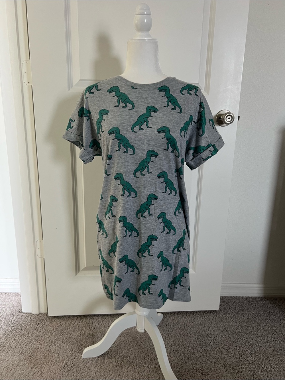 NWOT Gray Tee Dress with Green Dinosaur Print Medium